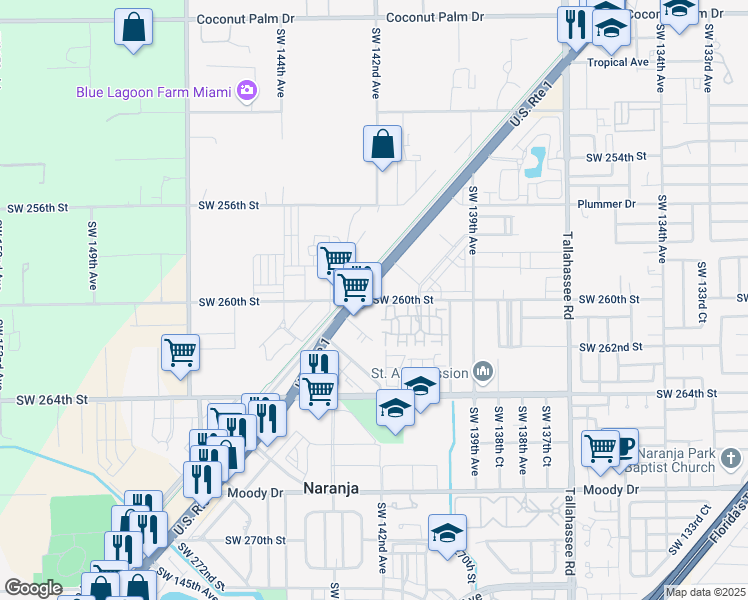 map of restaurants, bars, coffee shops, grocery stores, and more near 14211 Southwest 260th Street in Naranja