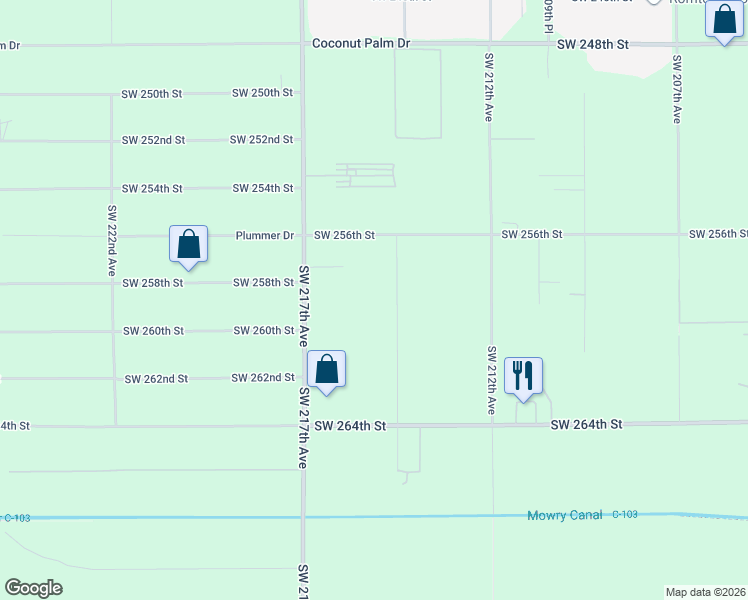 map of restaurants, bars, coffee shops, grocery stores, and more near 25820 Southwest 214th Avenue in Homestead