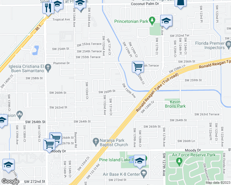 map of restaurants, bars, coffee shops, grocery stores, and more near 13070 Southwest 260th Street in Homestead