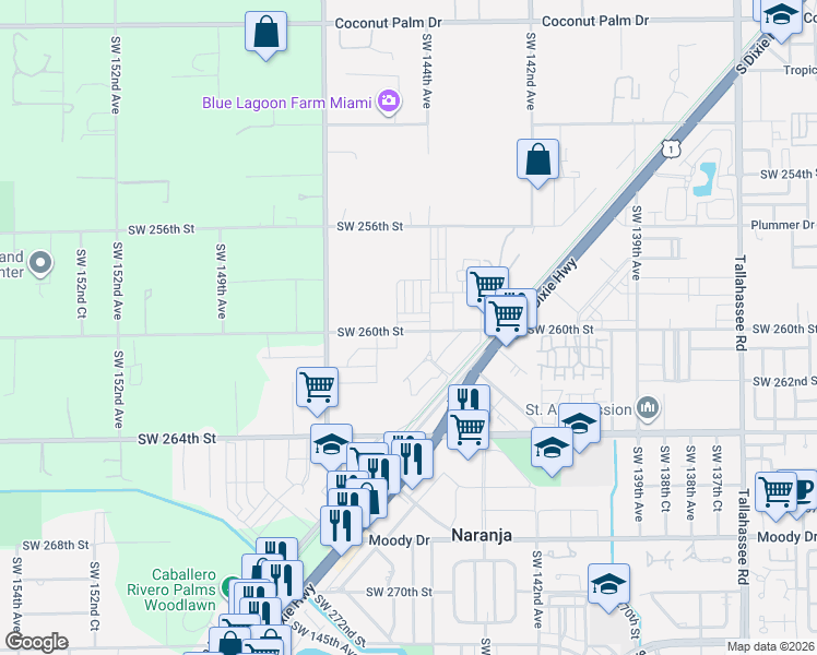 map of restaurants, bars, coffee shops, grocery stores, and more near 26000 Southwest 144th Avenue in Princeton