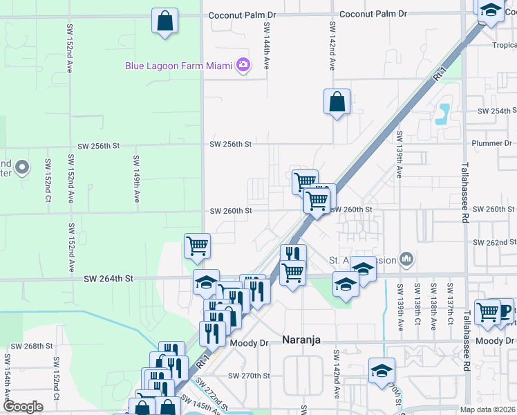 map of restaurants, bars, coffee shops, grocery stores, and more near 26000 Southwest 144th Avenue in Princeton