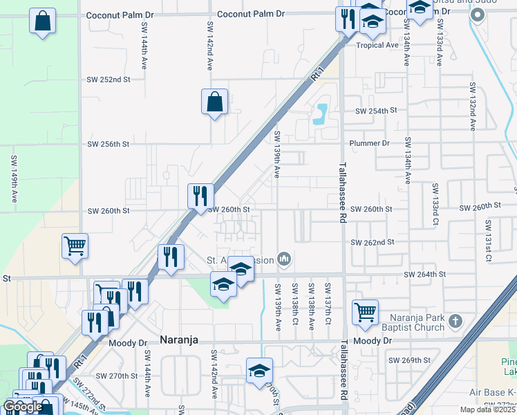 map of restaurants, bars, coffee shops, grocery stores, and more near 13946 Southwest 260th Street in Naranja
