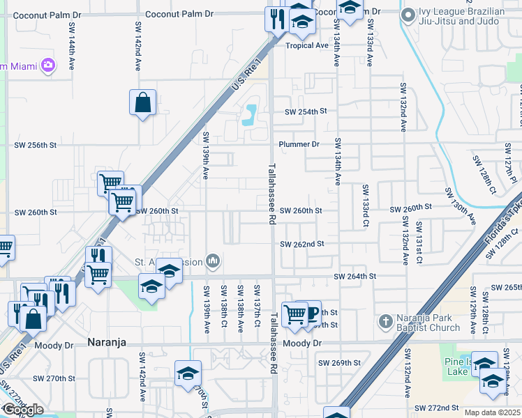 map of restaurants, bars, coffee shops, grocery stores, and more near 13734 Southwest 260th Street in Naranja