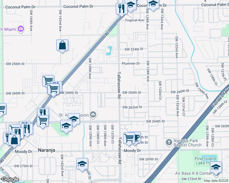 map of restaurants, bars, coffee shops, grocery stores, and more near 13734 Southwest 260th Street in Naranja