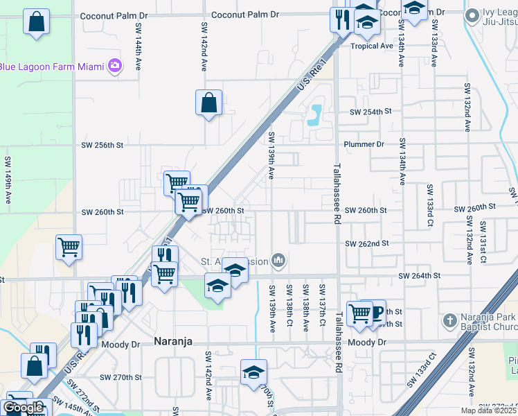 map of restaurants, bars, coffee shops, grocery stores, and more near 13946 Southwest 260th Street in Naranja