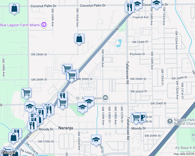 map of restaurants, bars, coffee shops, grocery stores, and more near 13946 Southwest 260th Street in Naranja
