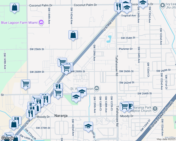 map of restaurants, bars, coffee shops, grocery stores, and more near 13946 Southwest 260th Street in Naranja
