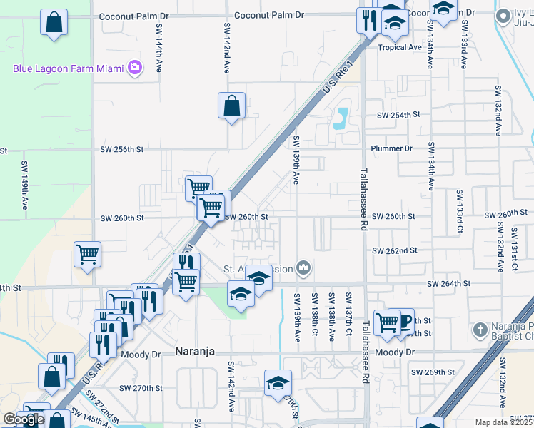 map of restaurants, bars, coffee shops, grocery stores, and more near 13946 Southwest 260th Street in Naranja
