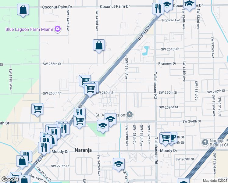 map of restaurants, bars, coffee shops, grocery stores, and more near 13946 Southwest 260th Street in Naranja