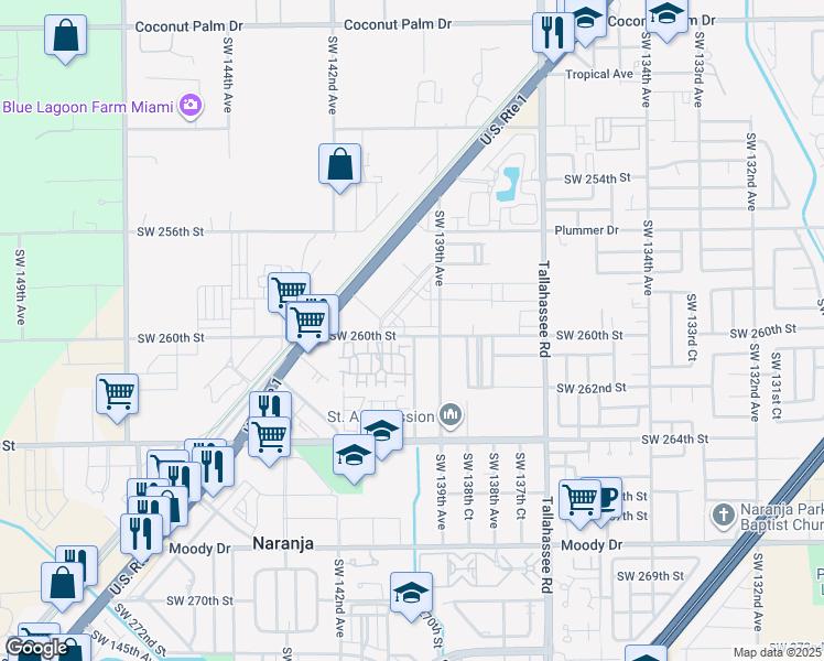 map of restaurants, bars, coffee shops, grocery stores, and more near 13946 Southwest 260th Street in Naranja