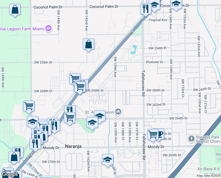 map of restaurants, bars, coffee shops, grocery stores, and more near 13946 Southwest 260th Street in Naranja