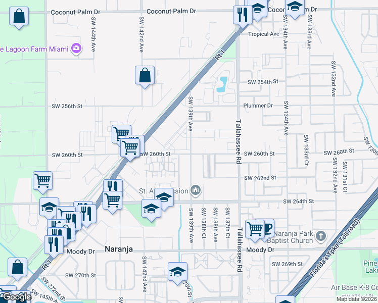 map of restaurants, bars, coffee shops, grocery stores, and more near 25947 Southwest 139th Avenue in Homestead