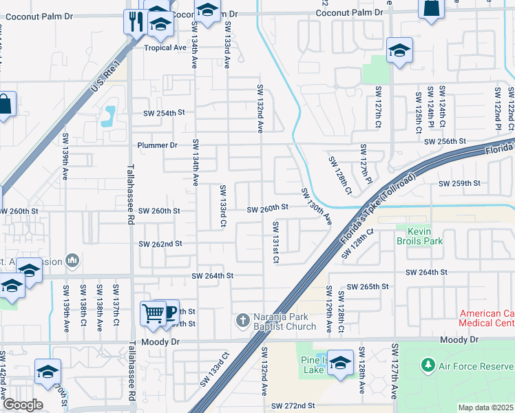 map of restaurants, bars, coffee shops, grocery stores, and more near 13200 Southwest 260th Street in Homestead