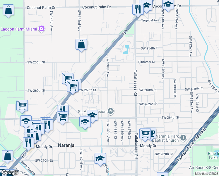 map of restaurants, bars, coffee shops, grocery stores, and more near 25947 Southwest 139th Avenue in Homestead