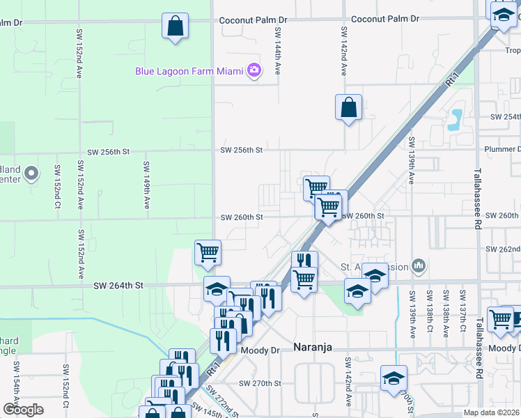 map of restaurants, bars, coffee shops, grocery stores, and more near 26000 Southwest 144th Avenue in Princeton