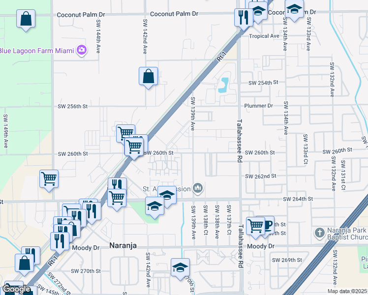 map of restaurants, bars, coffee shops, grocery stores, and more near 13946 Southwest 260th Street in Naranja