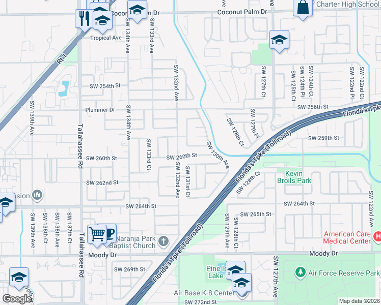 map of restaurants, bars, coffee shops, grocery stores, and more near 13070 Southwest 260th Street in Homestead