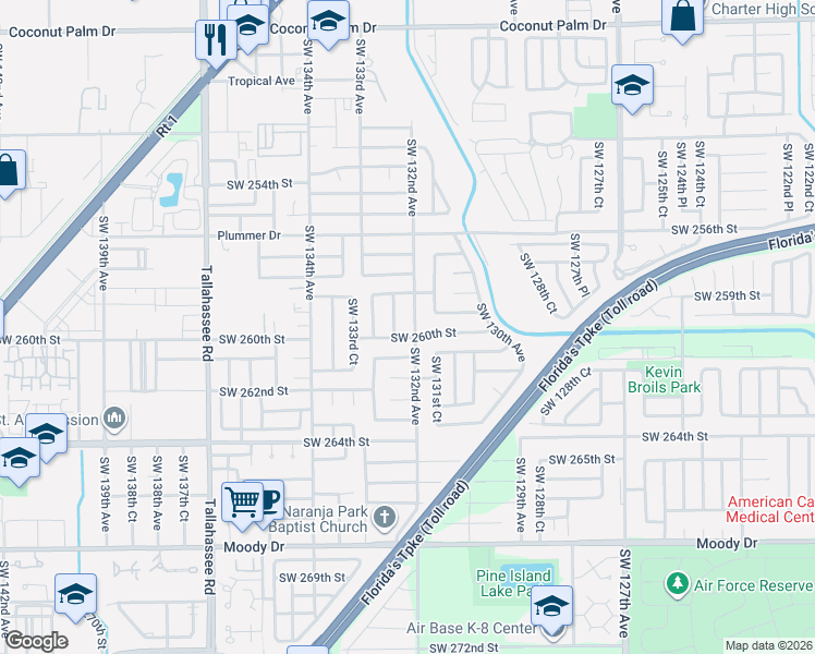 map of restaurants, bars, coffee shops, grocery stores, and more near 13200 Southwest 260th Street in Homestead