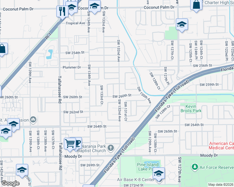 map of restaurants, bars, coffee shops, grocery stores, and more near 13200 Southwest 260th Street in Homestead
