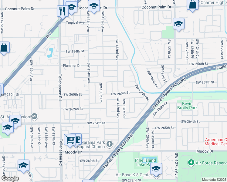 map of restaurants, bars, coffee shops, grocery stores, and more near 13200 Southwest 260th Street in Homestead