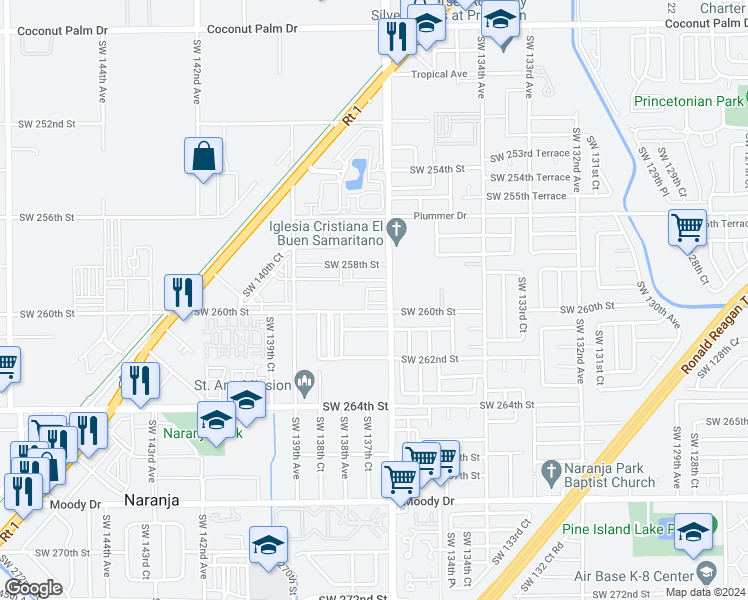 map of restaurants, bars, coffee shops, grocery stores, and more near 13734 Southwest 260th Street in Naranja