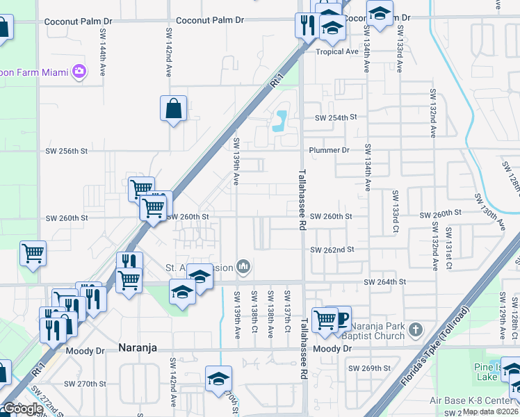 map of restaurants, bars, coffee shops, grocery stores, and more near 26001 Southwest 138th Court in Homestead