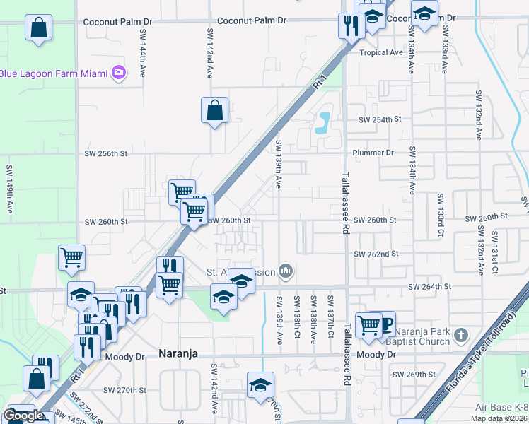 map of restaurants, bars, coffee shops, grocery stores, and more near 13946 Southwest 260th Street in Naranja