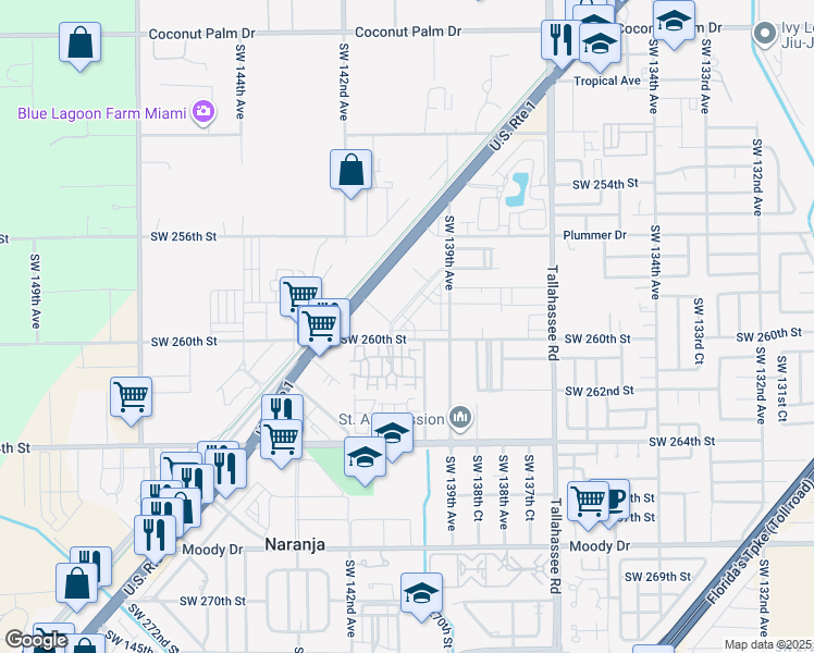map of restaurants, bars, coffee shops, grocery stores, and more near 13946 Southwest 260th Street in Naranja