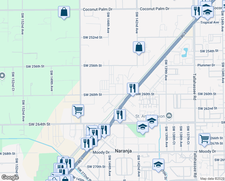map of restaurants, bars, coffee shops, grocery stores, and more near 25911 Southwest 143rd Court in Princeton