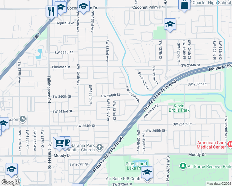 map of restaurants, bars, coffee shops, grocery stores, and more near 13070 Southwest 260th Street in Homestead