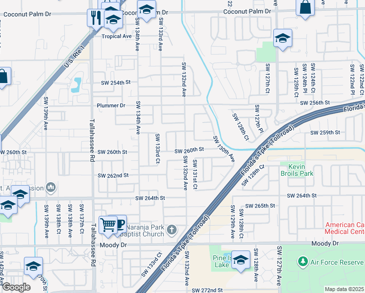 map of restaurants, bars, coffee shops, grocery stores, and more near 13200 Southwest 260th Street in Homestead