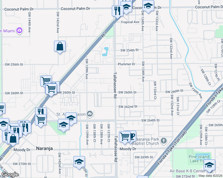 map of restaurants, bars, coffee shops, grocery stores, and more near 13734 Southwest 260th Street in Naranja