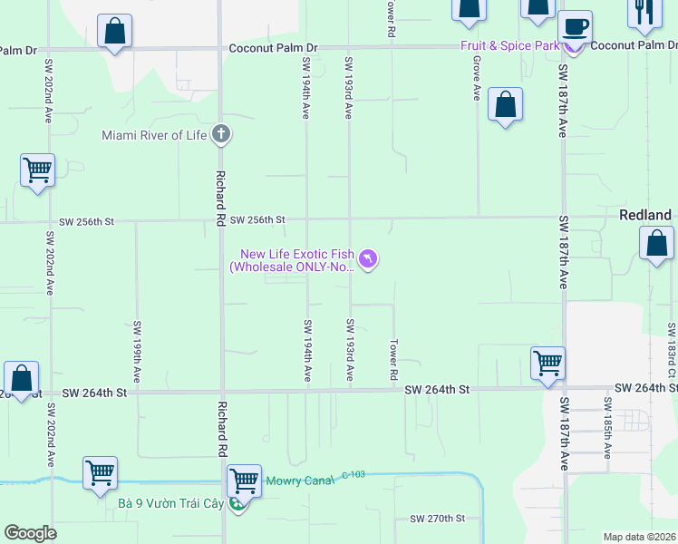 map of restaurants, bars, coffee shops, grocery stores, and more near 25920 Southwest 193rd Avenue in Homestead