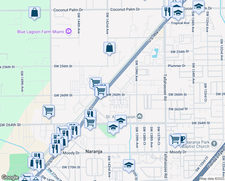 map of restaurants, bars, coffee shops, grocery stores, and more near 14050 Southwest 260th Street in Homestead