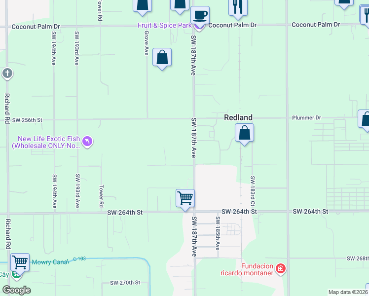 map of restaurants, bars, coffee shops, grocery stores, and more near 25850 Southwest 187th Avenue in Homestead