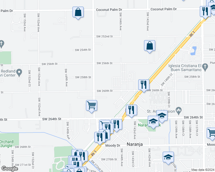 map of restaurants, bars, coffee shops, grocery stores, and more near 14505 Southwest 260th Street in Homestead