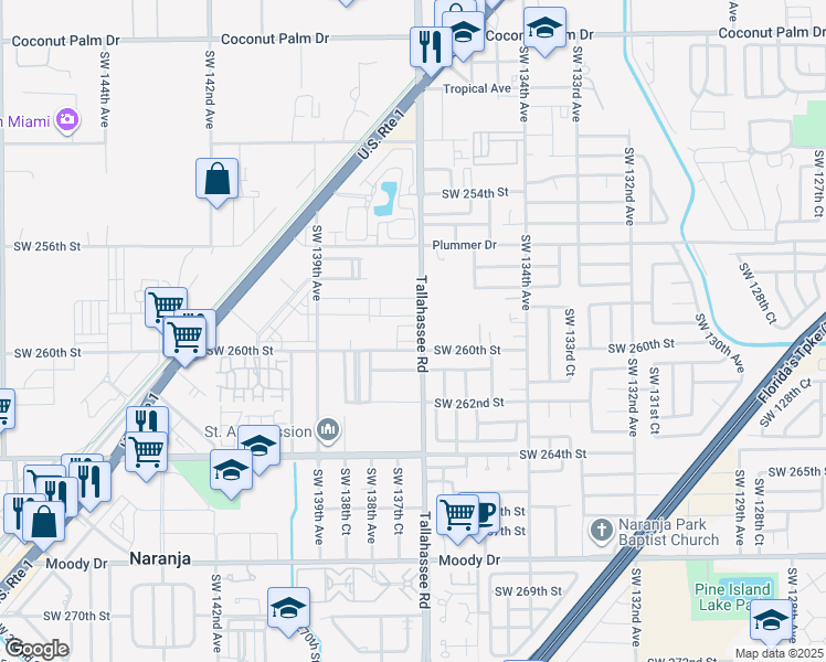 map of restaurants, bars, coffee shops, grocery stores, and more near 13734 Southwest 260th Street in Naranja