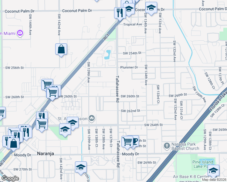 map of restaurants, bars, coffee shops, grocery stores, and more near 13734 Southwest 260th Street in Naranja