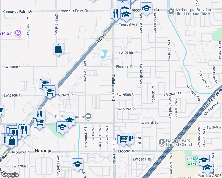 map of restaurants, bars, coffee shops, grocery stores, and more near 13734 Southwest 260th Street in Naranja