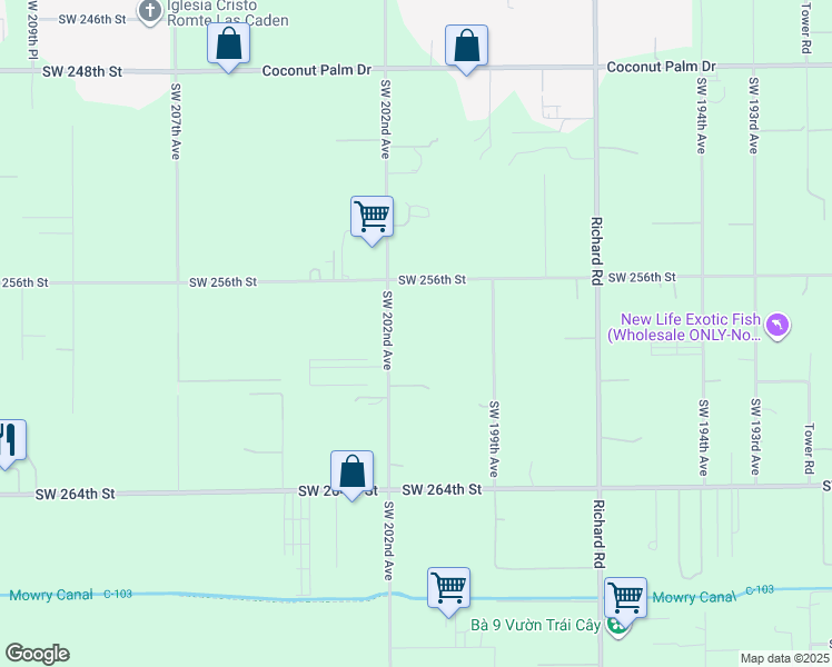 map of restaurants, bars, coffee shops, grocery stores, and more near 20150 Southwest 256th Street in Homestead