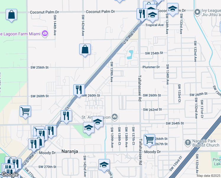 map of restaurants, bars, coffee shops, grocery stores, and more near 13890 Southwest 258th Street in Homestead