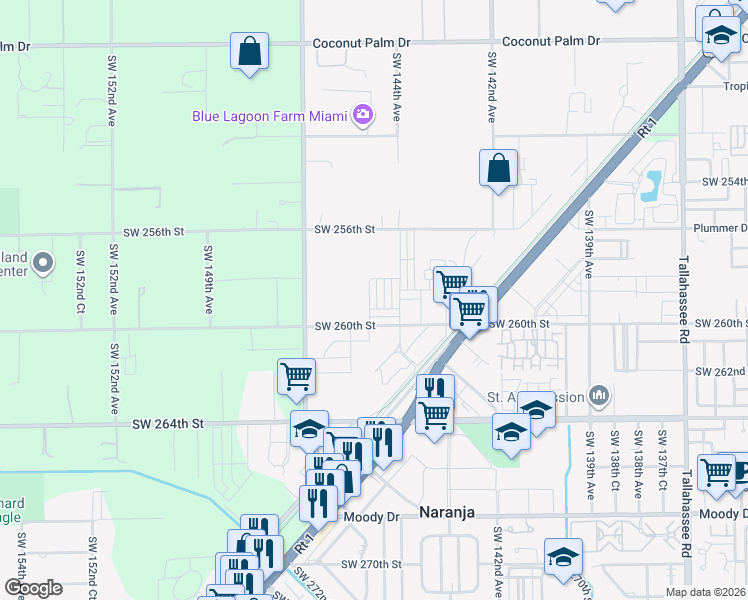 map of restaurants, bars, coffee shops, grocery stores, and more near 25586 Southwest 144th Avenue in Homestead