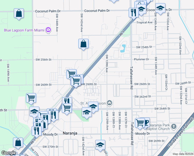 map of restaurants, bars, coffee shops, grocery stores, and more near 25873 Southwest 139th Path in Naranja