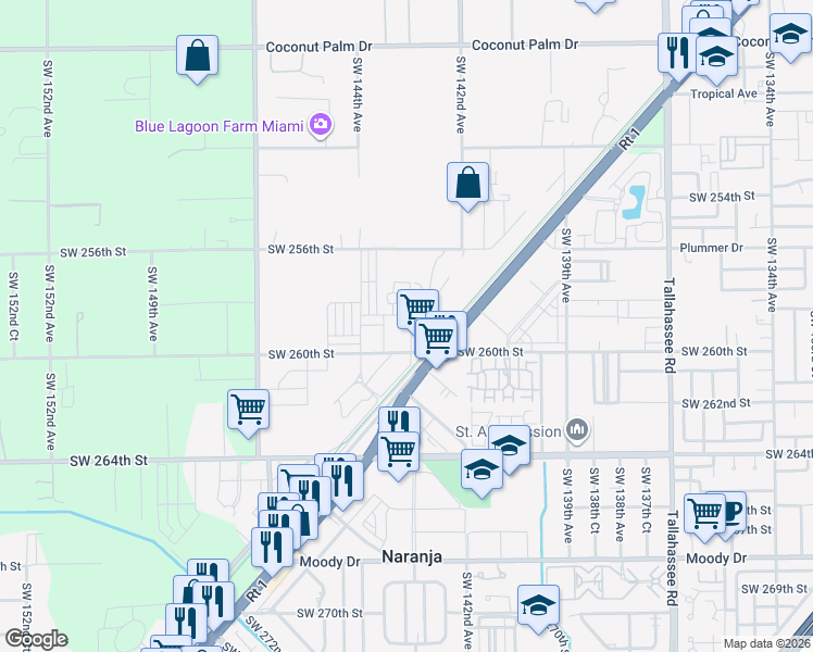 map of restaurants, bars, coffee shops, grocery stores, and more near 25875 Southwest 143rd Court in Homestead