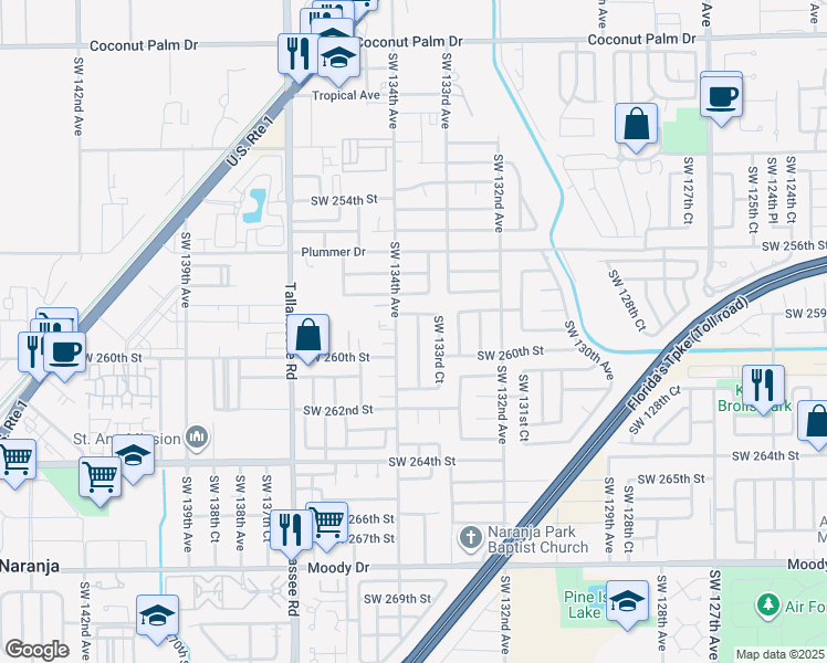 map of restaurants, bars, coffee shops, grocery stores, and more near 25873 Southwest 133rd Place in Homestead