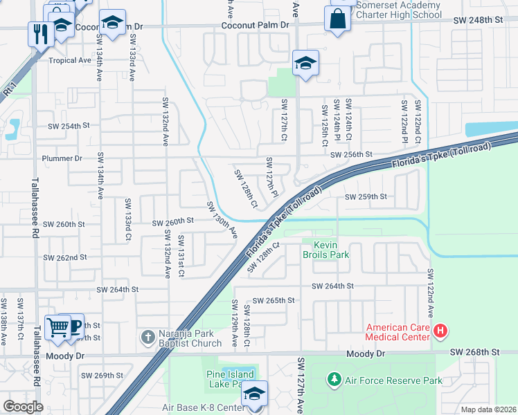 map of restaurants, bars, coffee shops, grocery stores, and more near 25843 Southwest 128th Avenue in Homestead