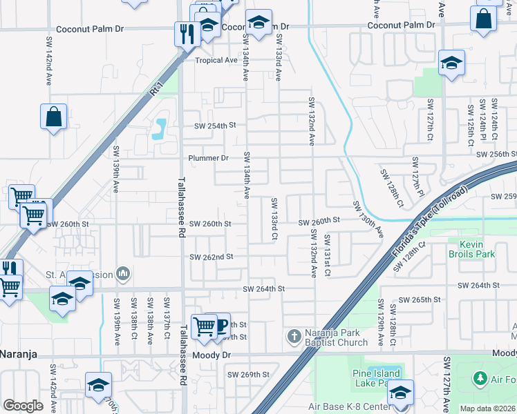map of restaurants, bars, coffee shops, grocery stores, and more near 25873 Southwest 133rd Place in Homestead