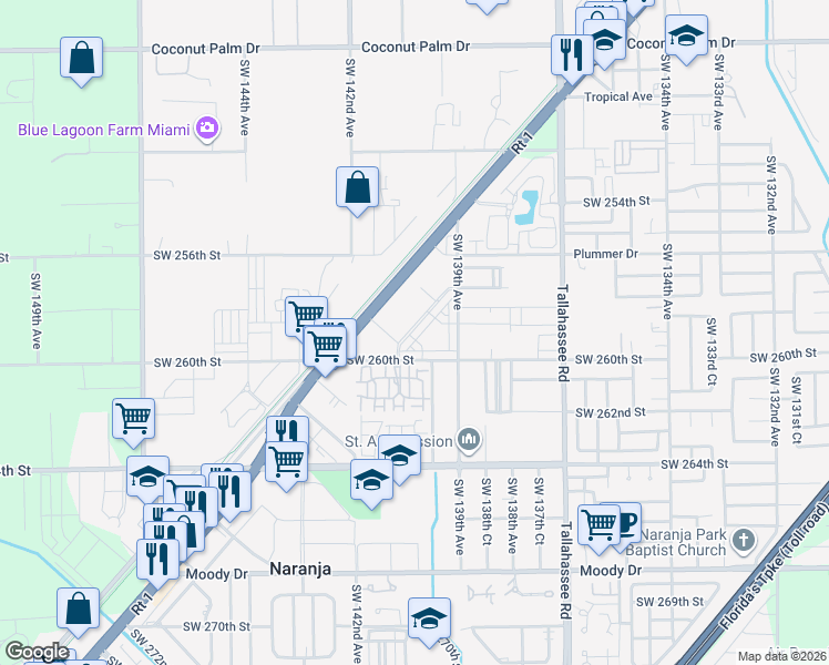 map of restaurants, bars, coffee shops, grocery stores, and more near 25873 Southwest 139th Path in Naranja