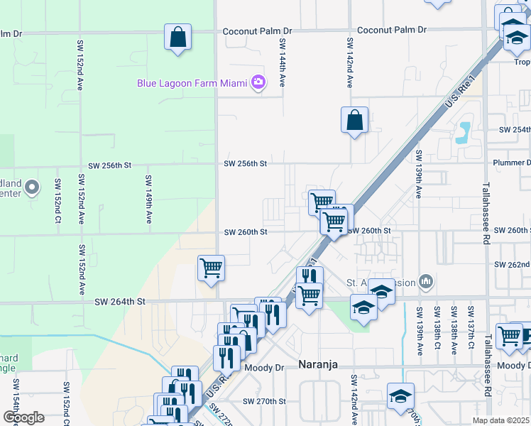 map of restaurants, bars, coffee shops, grocery stores, and more near 25586 Southwest 144th Avenue in Homestead