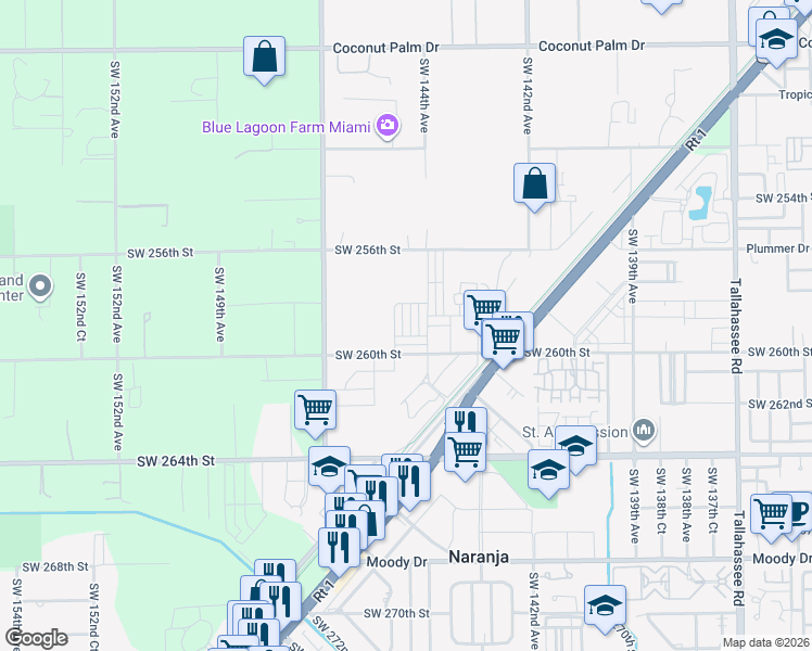 map of restaurants, bars, coffee shops, grocery stores, and more near 25586 Southwest 144th Avenue in Homestead